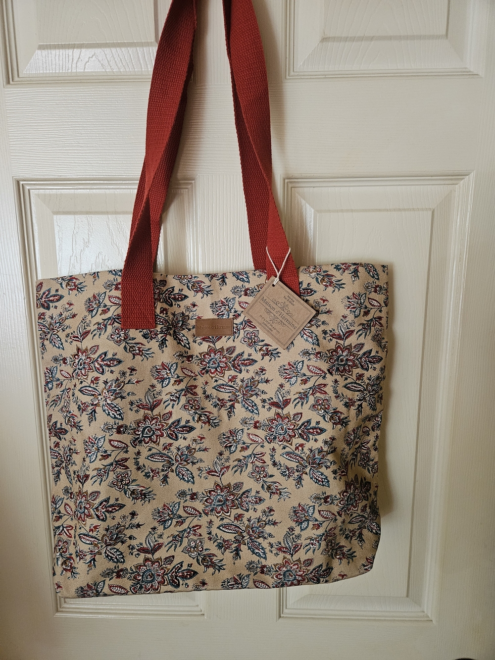 Floral Canvas Tote with Red Straps - Women's Everyday Shoulder Bag